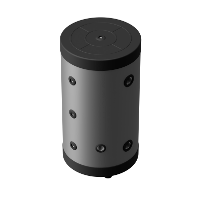 Cilindro cinza com tampas pretas e orifícios circulares