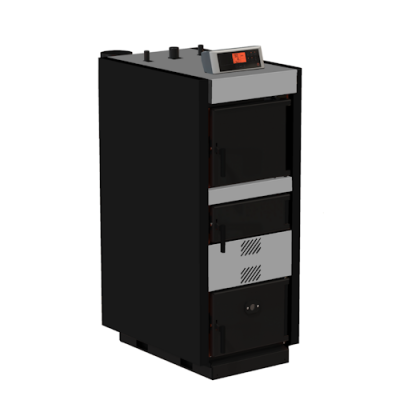 Caldeira preta e cinzenta com painel digital e três portas frontais