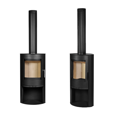 Duas lareiras cilíndricas pretas com porta de vidro e chaminé integrada