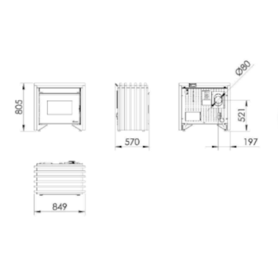 Desenhos técnicos de um aparelho com medidas e tubo de exaustão
