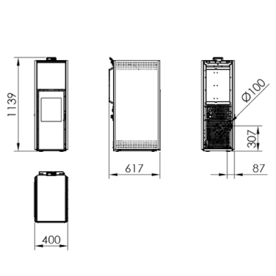 Desenho técnico de aparelho retangular com portas e dimensões