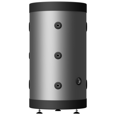 Cilindro metálico cinza com tampa e base pretas, três conexões frontais e botão preto.