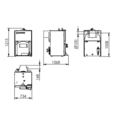 Desenho técnico a preto e branco de caldeira com medidas em milímetros