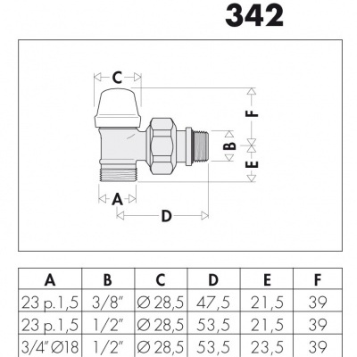 Desenho técnico de válvula com tabela de dimensões e número 342