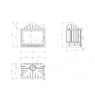 Desenho técnico de lareira fechada com dimensões