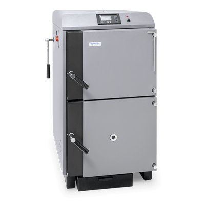 Caldeira industrial cinzenta com visor digital e etiquetas