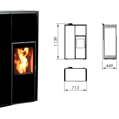Fogão a pellets preto com visor de chamas e desenhos técnicos com medidas