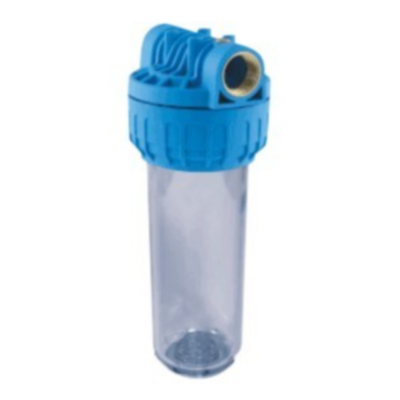 filtro de água transparente com tampa azul e rosca metálica