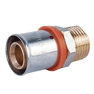 Conector metálico prateado com rosca dourada e anel laranja