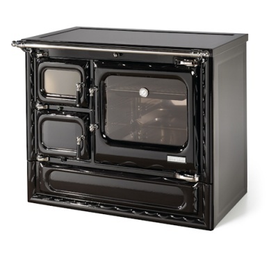 Fogão a lenha preto com duas portas pequenas e porta grande com vidro e termómetro