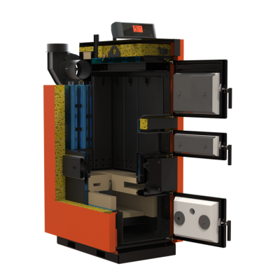 Caldeira industrial metálica laranja e preta com portas abertas mostrando interior