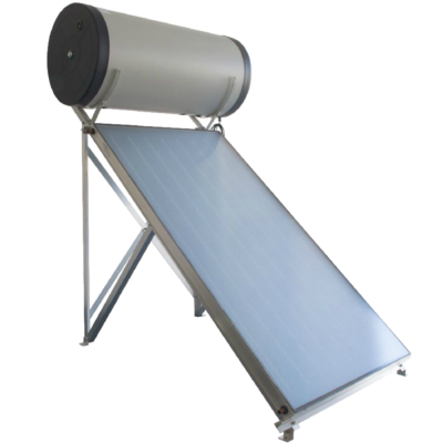 Painel solar térmico com reservatório branco e painel azul inclinado