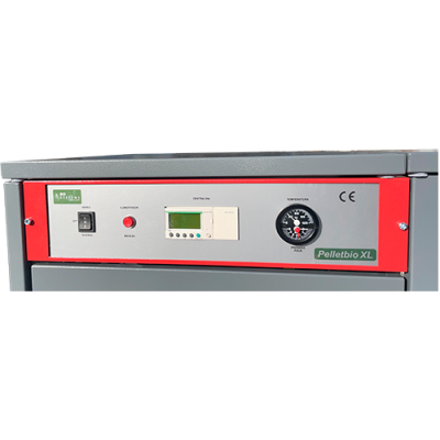 Painel frontal de equipamento metálico com botões, visor digital e manómetro