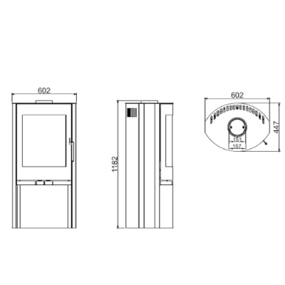 Desenho técnico de fogão com três vistas e dimensões