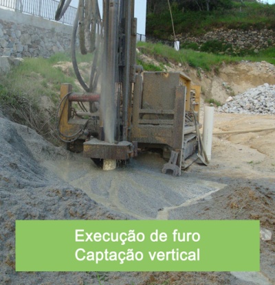 Máquina de perfuração em terreno arenoso com texto 'Execução de furo Captação vertical'