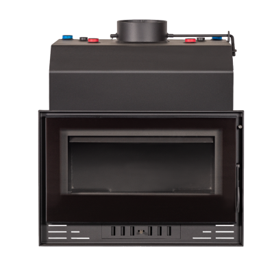 Lareira insertável preta com porta de vidro e botões coloridos no topo