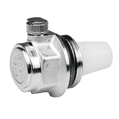 Válvula metálica prateada com parte branca de plástico