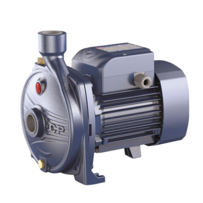 Bomba elétrica metálica cinza com detalhes vermelhos e amarelos