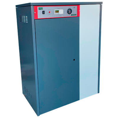 Máquina industrial cinza e branca com painel vermelho e mostrador analógico