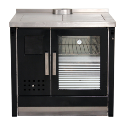 Fogão de lenha preto com tampo em aço inox e porta de vidro no forno.