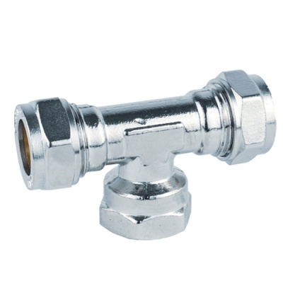 Conector em T metálico para canalização com três extremidades rosqueadas