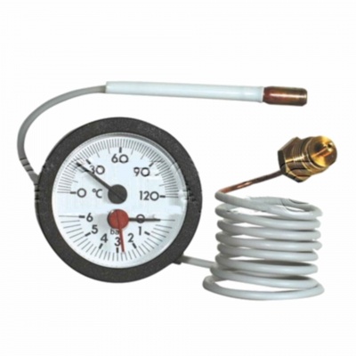 Termómetro analógico com cabo branco enrolado e mostrador de 0 a 120 °C
