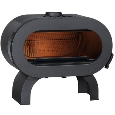 Lareira a lenha oval preta com interior em tijolos exposta