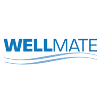 Logótipo WELLMATE com texto azul e linhas onduladas