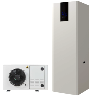 Equipamentos para climatização, unidade externa branca e unidade interna cinza com ecrã digital.