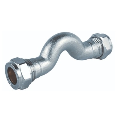 Tubo metálico curvado em S com roscas prateadas nas pontas