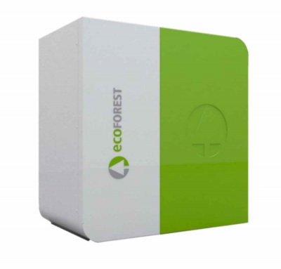Embalagem cúbica branca e verde com texto ECOFOREST e símbolo em relevo