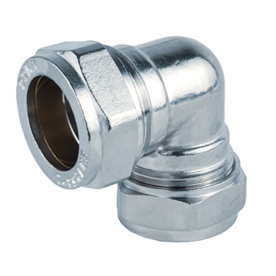 Conector metálico prateado em forma de cotovelo para tubagens