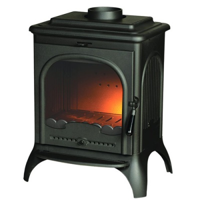 Lareira ou salamandra em ferro fundido preto com porta de vidro