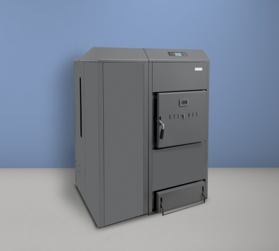 Caldeira ou fogão industrial cinzento em metal com várias portas