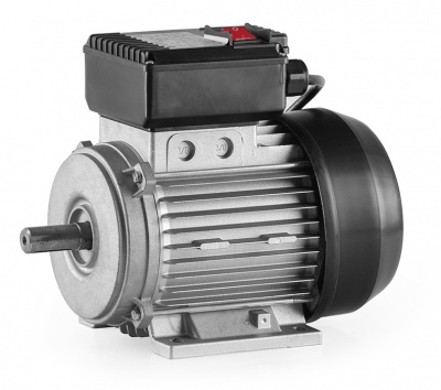 Motor elétrico prateado com caixa preta no topo