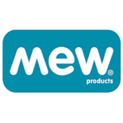 Logotipo Mew products em fundo azul-turquesa