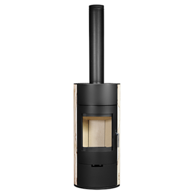 Lareira metálica preta com laterais em pedra bege e porta de vidro