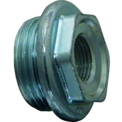 Peça metálica prateada com rosca externa e interna hexagonal