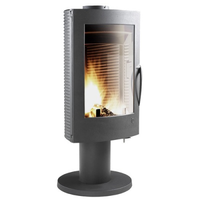 Lareira a lenha metálica cinzenta com vidro frontal e base redonda