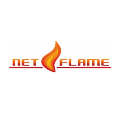 Logotipo NET FLAME com chama laranja e amarelo