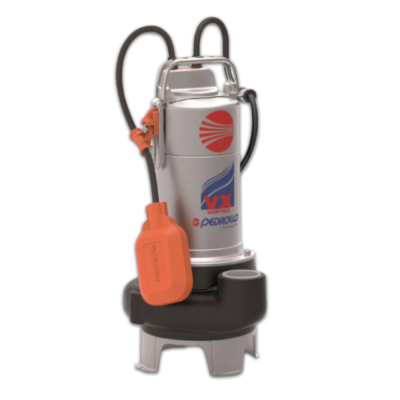 Bomba submersível cinzenta com detalhes laranja e texto 'VX VORTEX PEDROLLO'