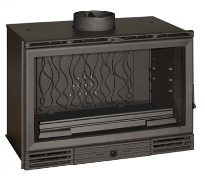 Lareira a lenha preta de ferro fundido com porta de vidro e grelha decorativa