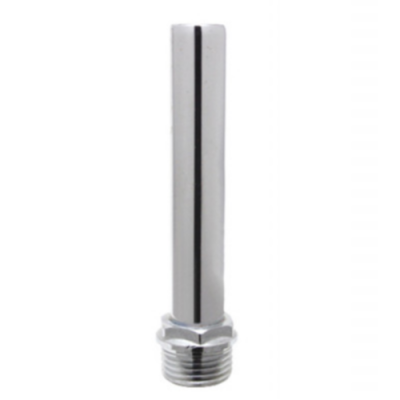 Peça metálica cilíndrica prateada com rosca e ranhura vertical