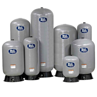 Conjunto de tanques de pressão cinzento com base preta e etiqueta Well Mate