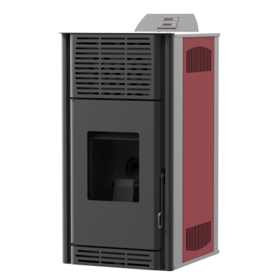 Estufa a pellets metálica preta com lateral vermelha e consola digital no topo