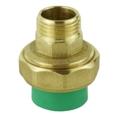 Adaptador metálico dourado com base plástica verde para canalização