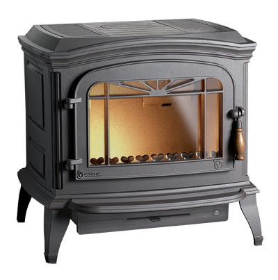 Estufa a lenha em ferro fundido cinza com vidro transparente e punho de madeira