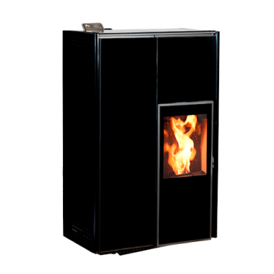 Estufa preta com vidro frontal e chama visível