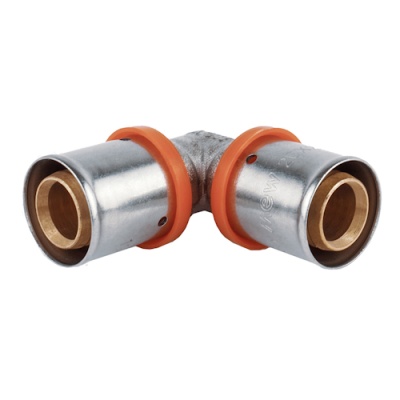 Conector de cotovelo metálico prateado com anéis laranja para tubos