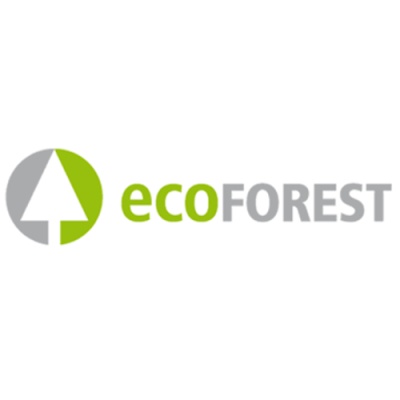 Logótipo ecoFOREST com árvore estilizada e texto verde e cinzento